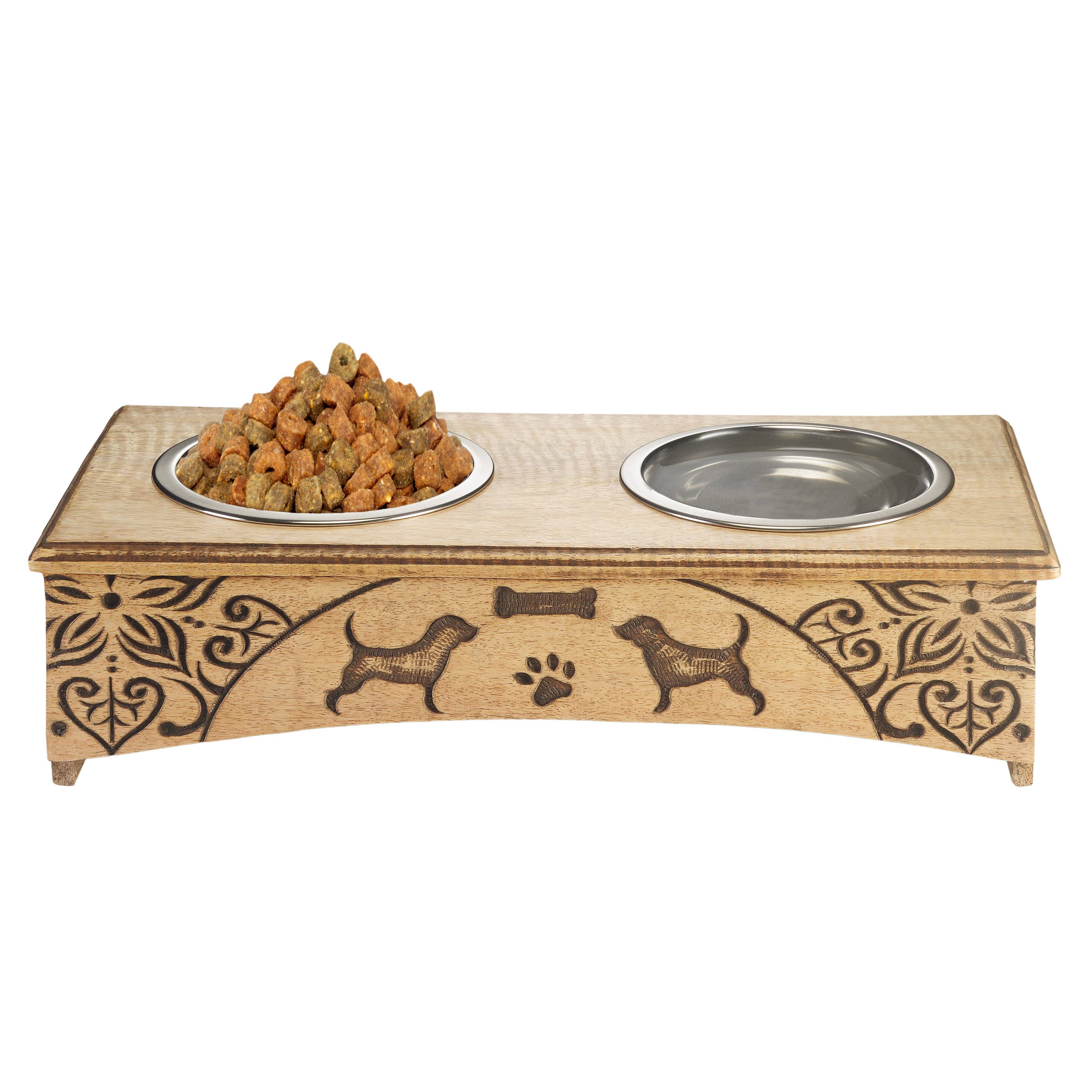 Handmade Mango Wood Elevated Double Pet Feeder - Florals
