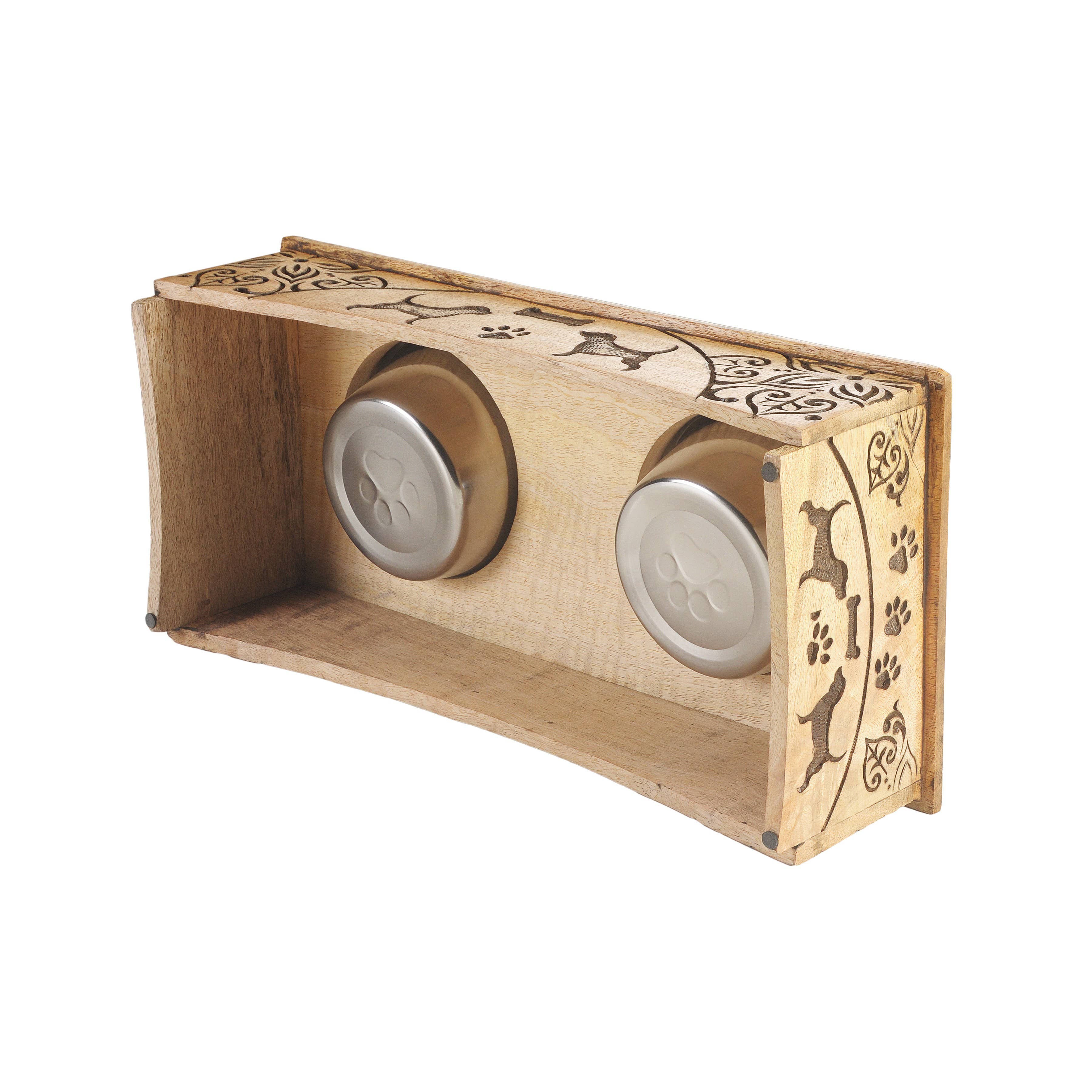 Handmade Mango Wood Elevated Double Pet Feeder - Florals