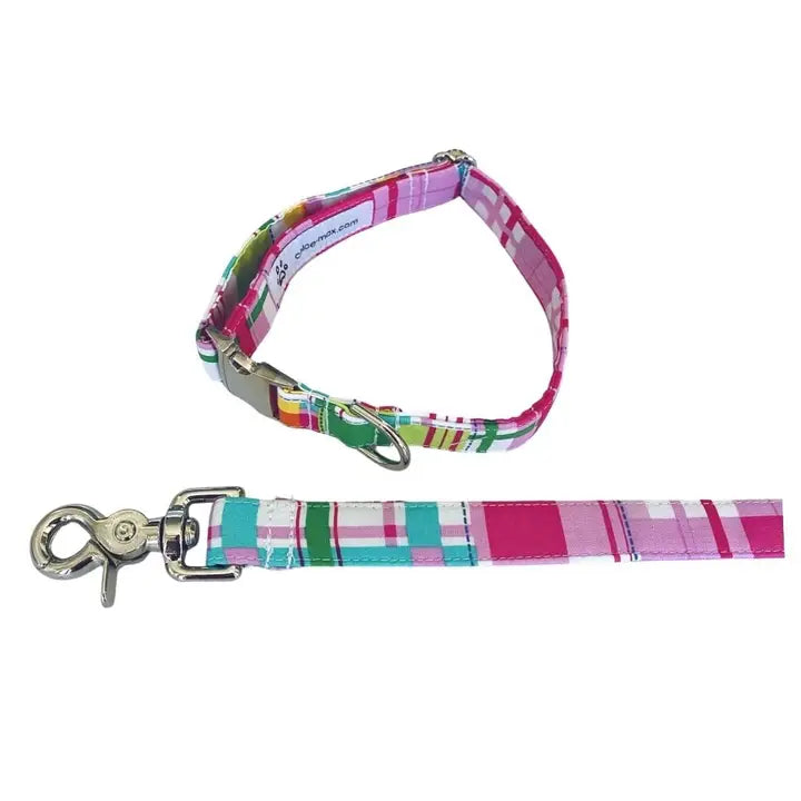 Pink Madras Collar and Leash Set