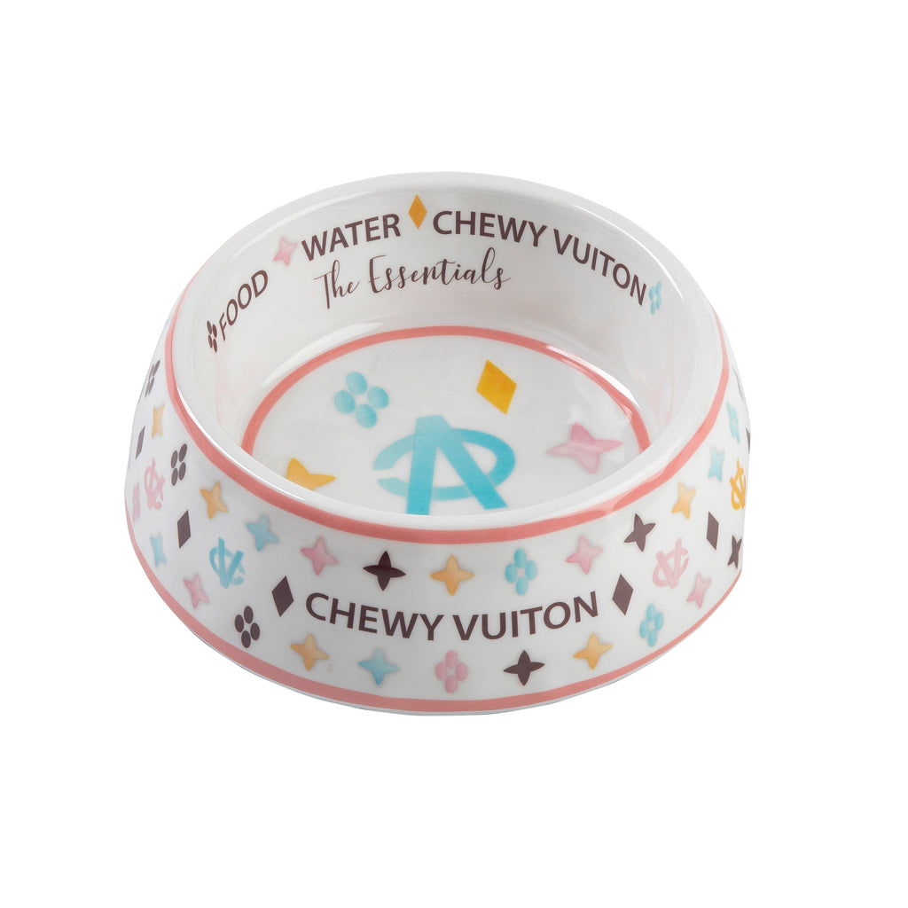 White Chewy Vuiton Dog Bowl