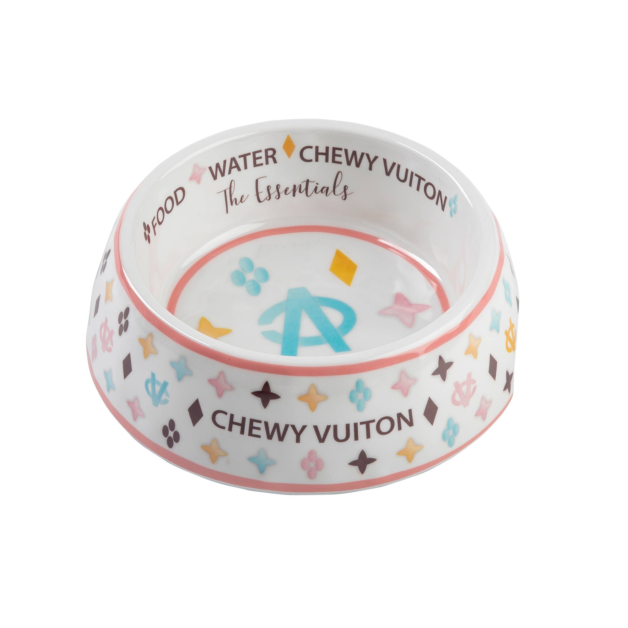White Chewy Vuiton Dog Bowl