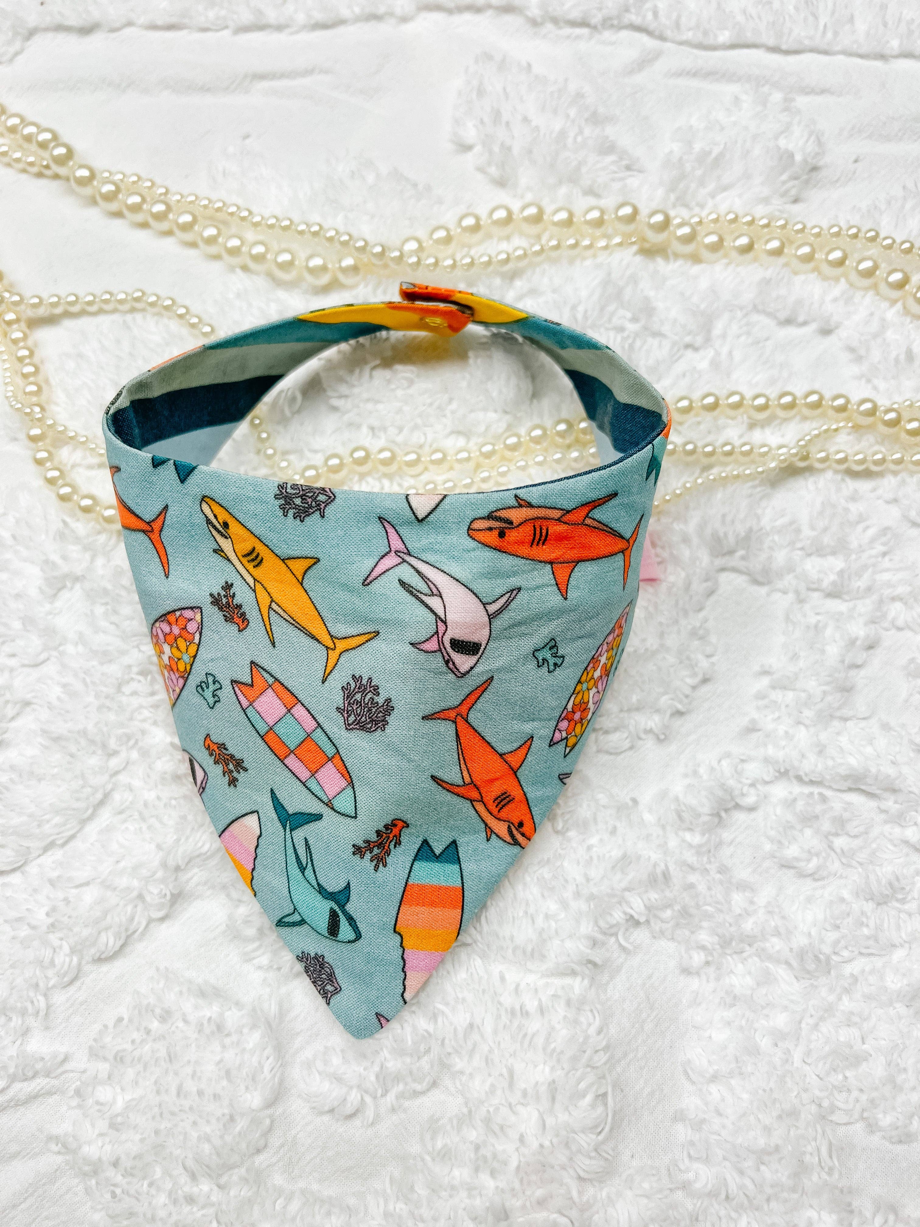 Shark Summer Snap-On Reversible Dog Bandana, Curved Neck