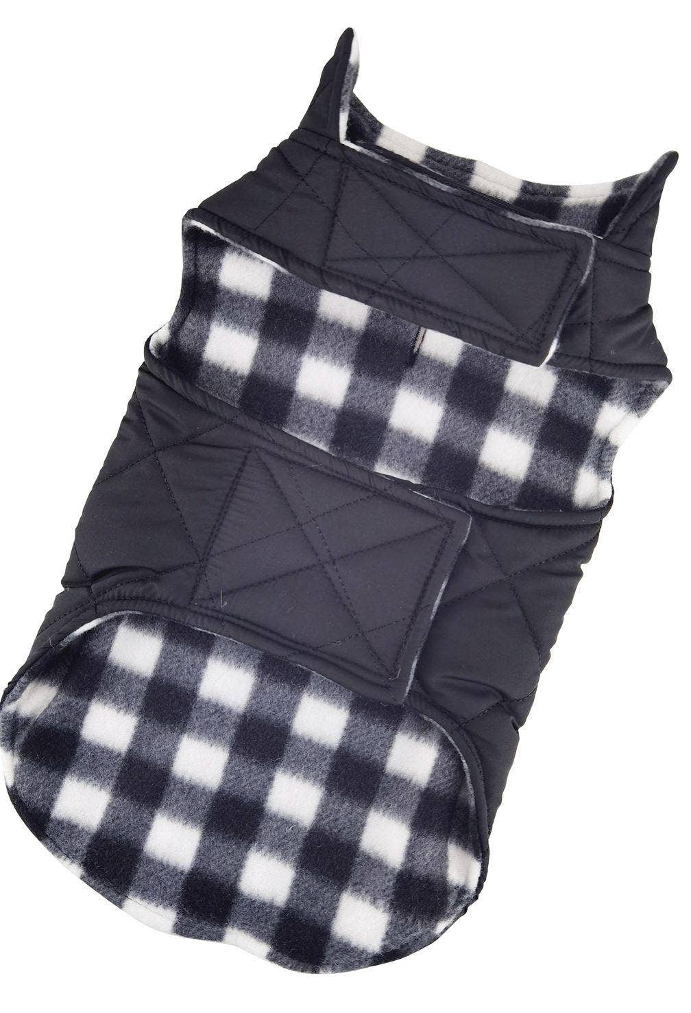 Reversible Fleece Lined Puffer Dog Coat- Black & White Plaid