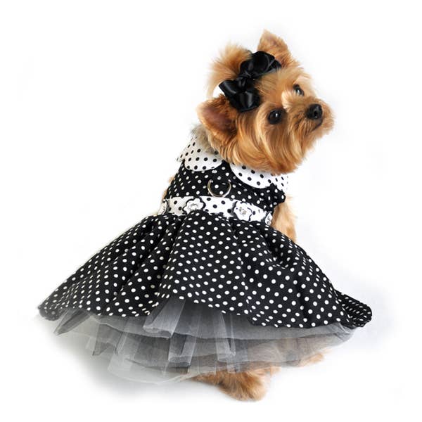 Polka Dot Dog Dress w/Matching Leash - Black & White