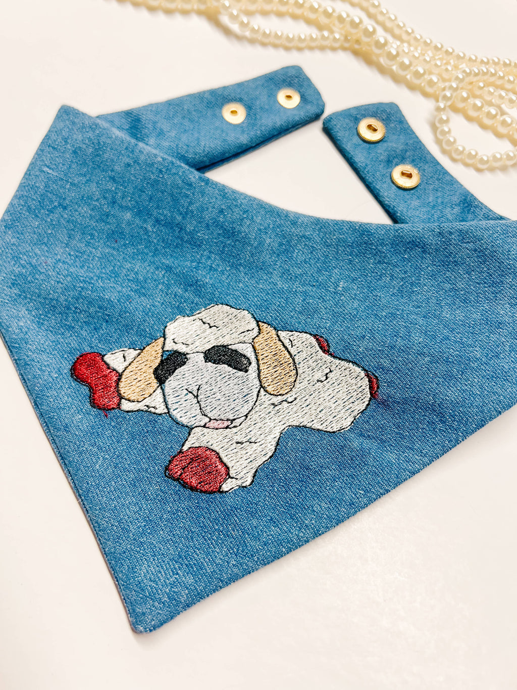 Embroidered Lamb Snap-On Reversible Dog Bandana, Curved Neck