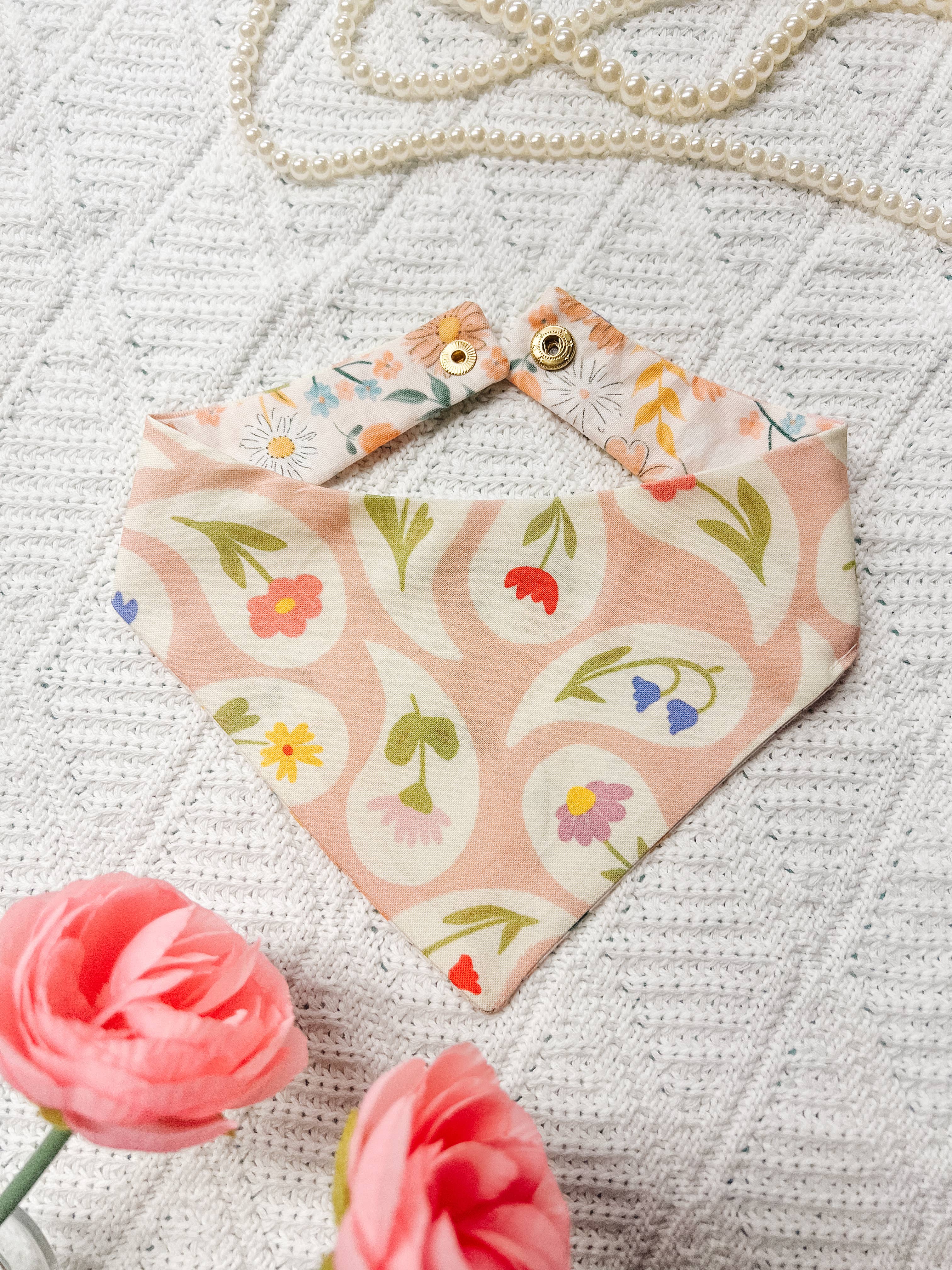 Spring Floral Snap-On Reversible Dog Bandana, Curved Neck