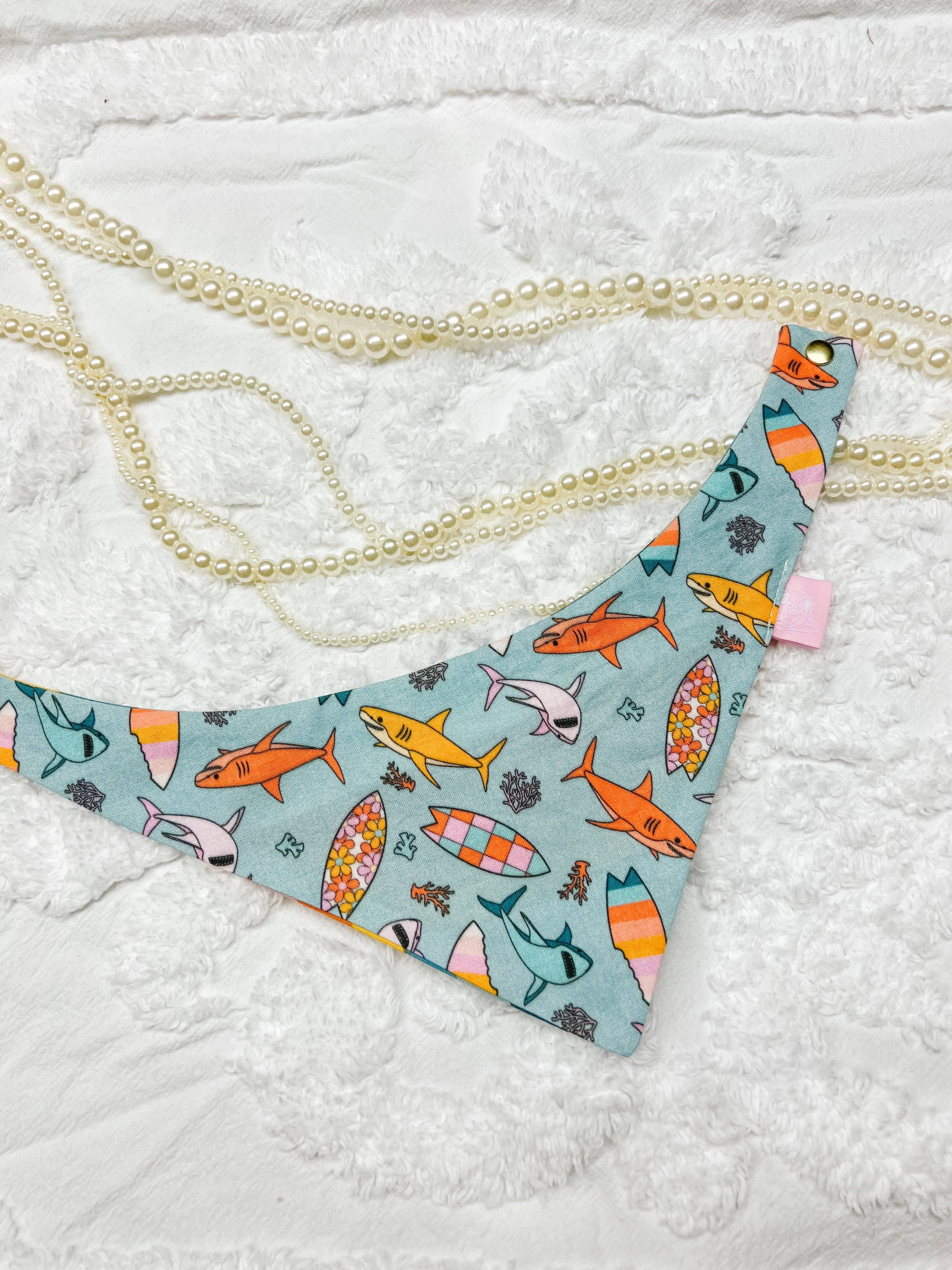 Shark Summer Snap-On Reversible Dog Bandana, Curved Neck
