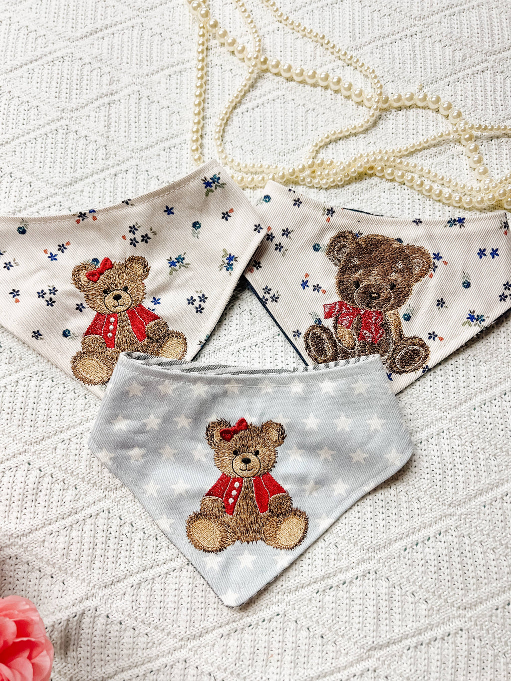 Embroidered Bear Denim Snap-On Reversible Dog Bandana
