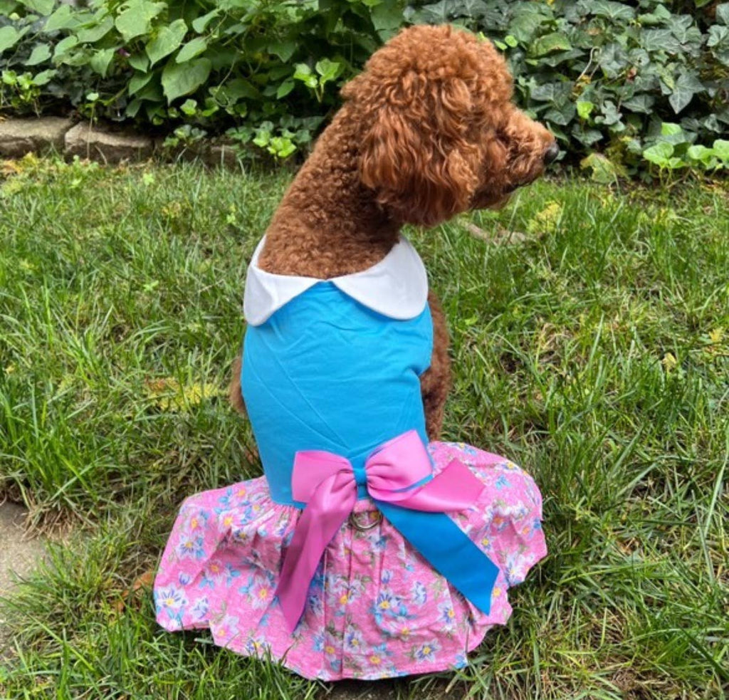 Pink and Blue Plumeria Floral Dog Dress w/ Matching Leash