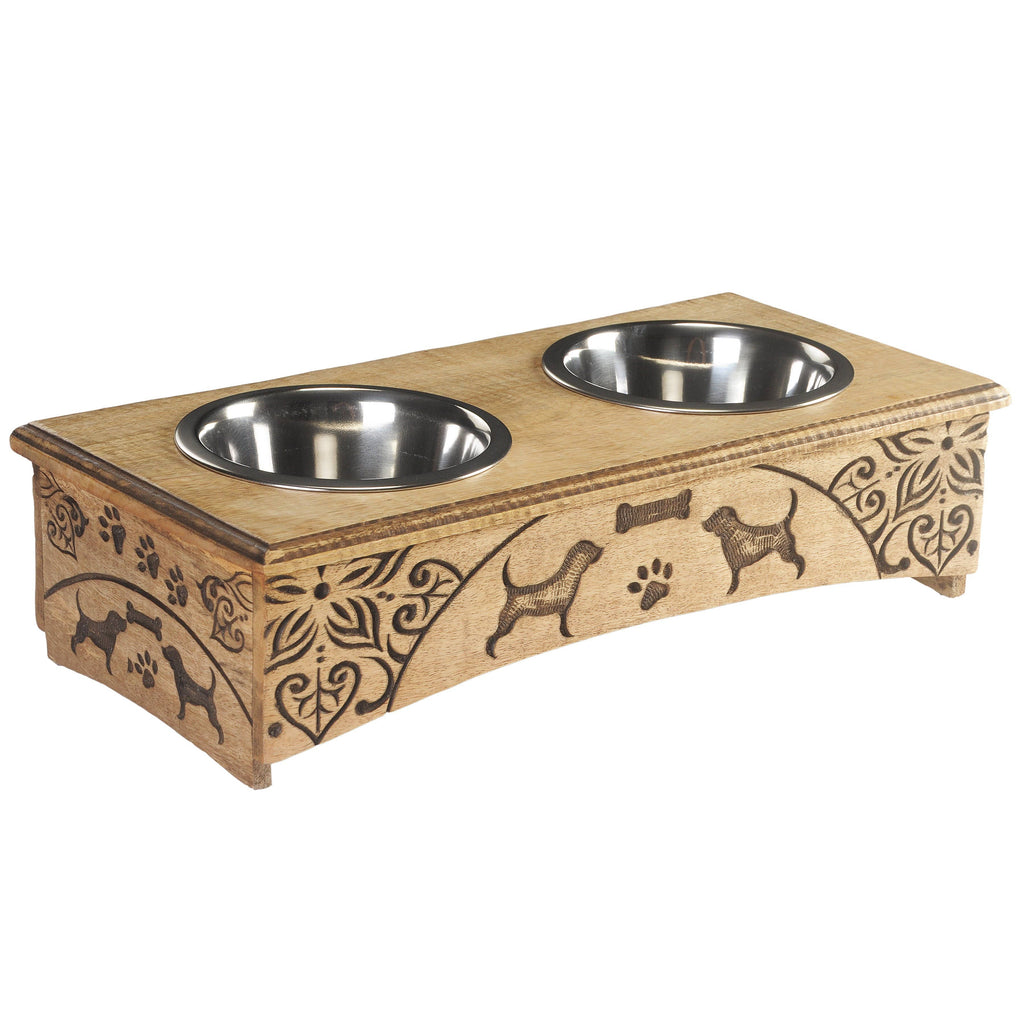 Handmade Mango Wood Elevated Double Pet Feeder - Florals