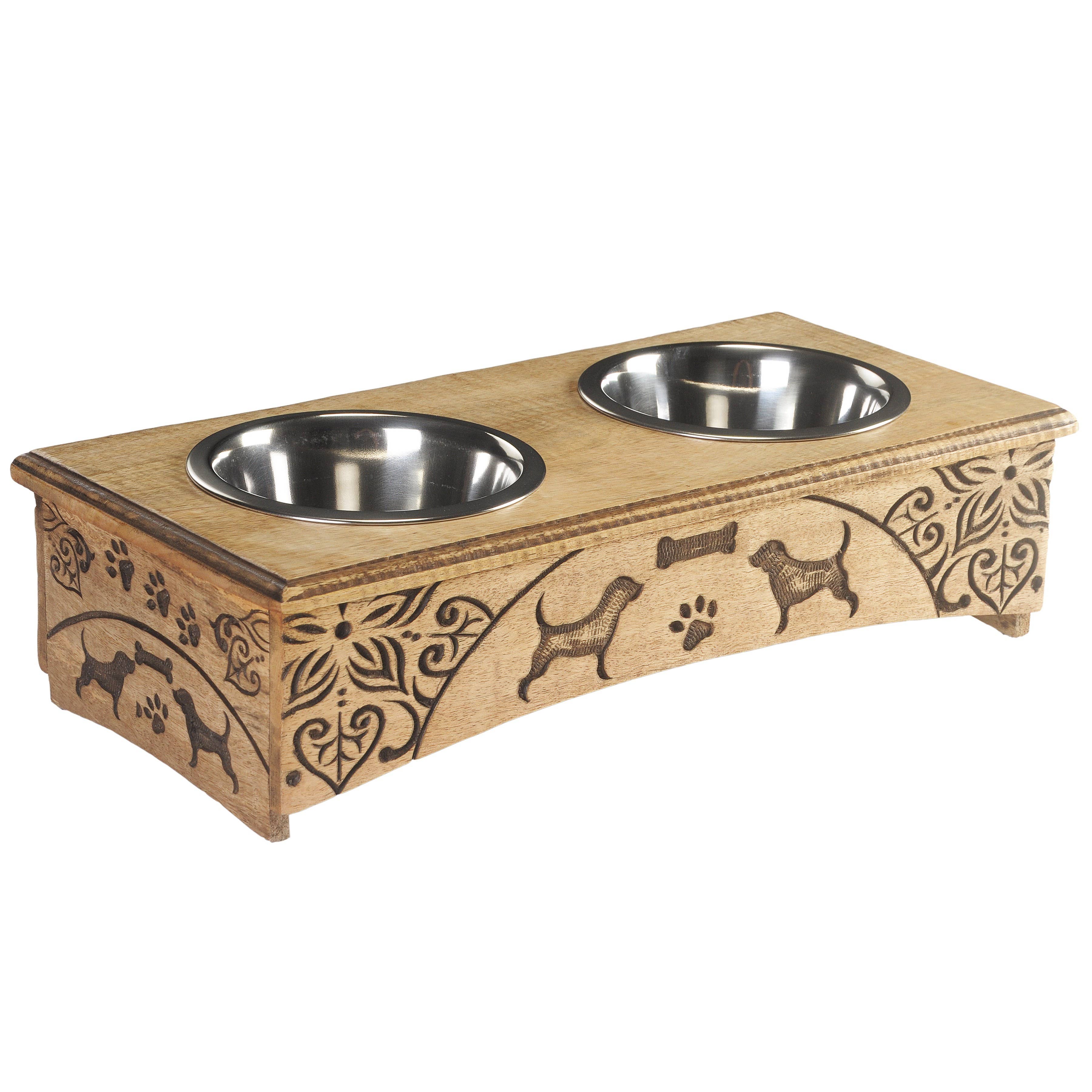 Handmade Mango Wood Elevated Double Pet Feeder - Florals