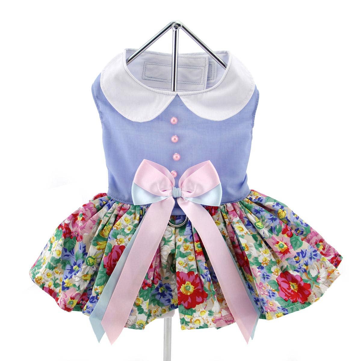 Blue & White Pastel Pearls Floral Dog Dress w/Matching Leash