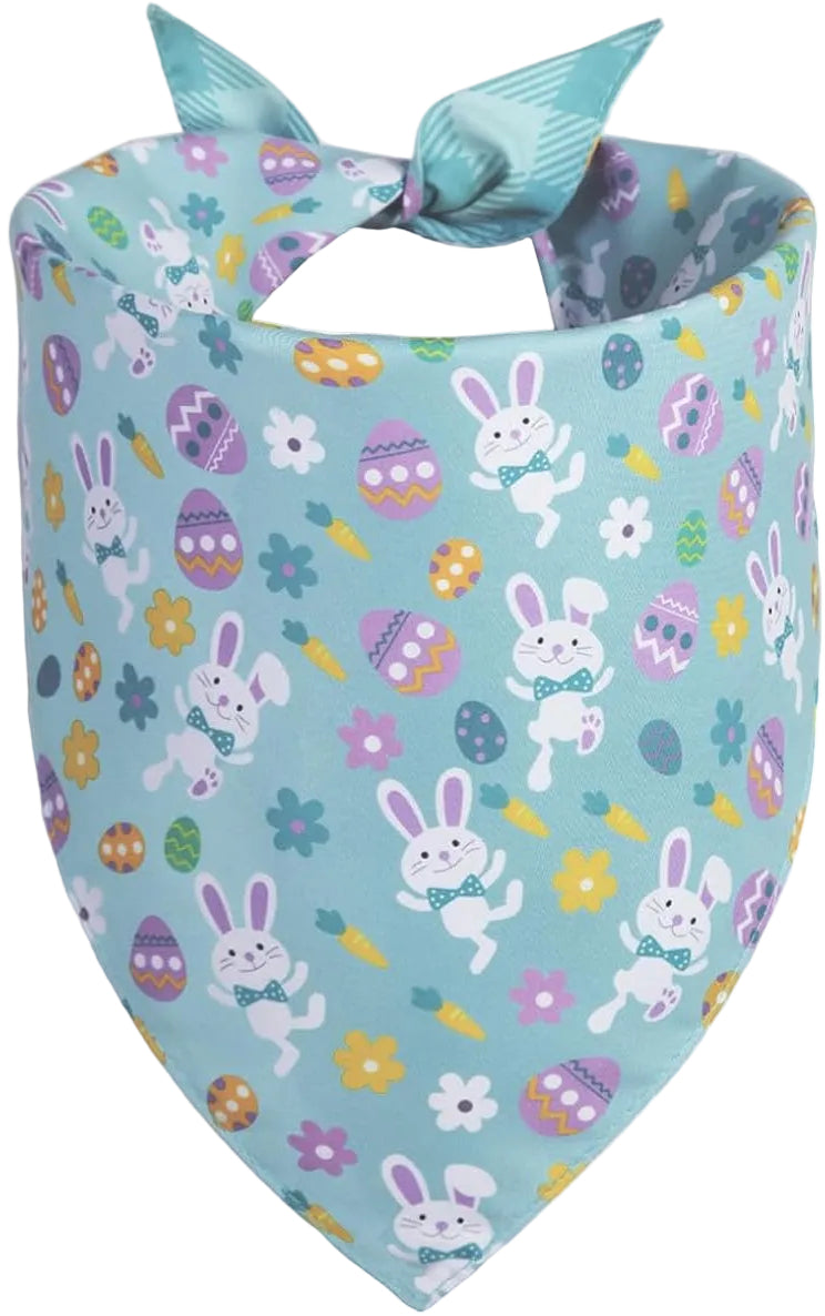 Reversible Tie-on Bandana with Easter Design and Blue Gingham