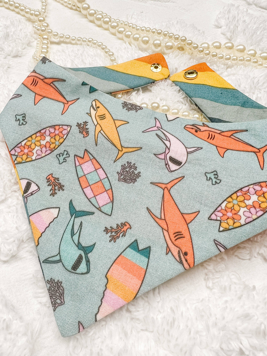 Shark Summer Snap-On Reversible Dog Bandana, Curved Neck