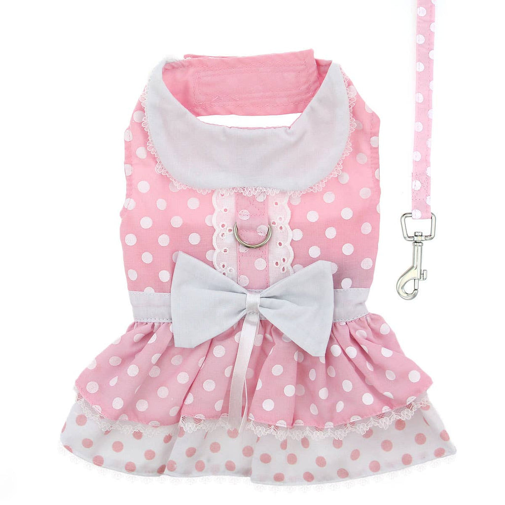 Polka Dot and Lace Dog Dress Set w/ Matching Leash - Pink
