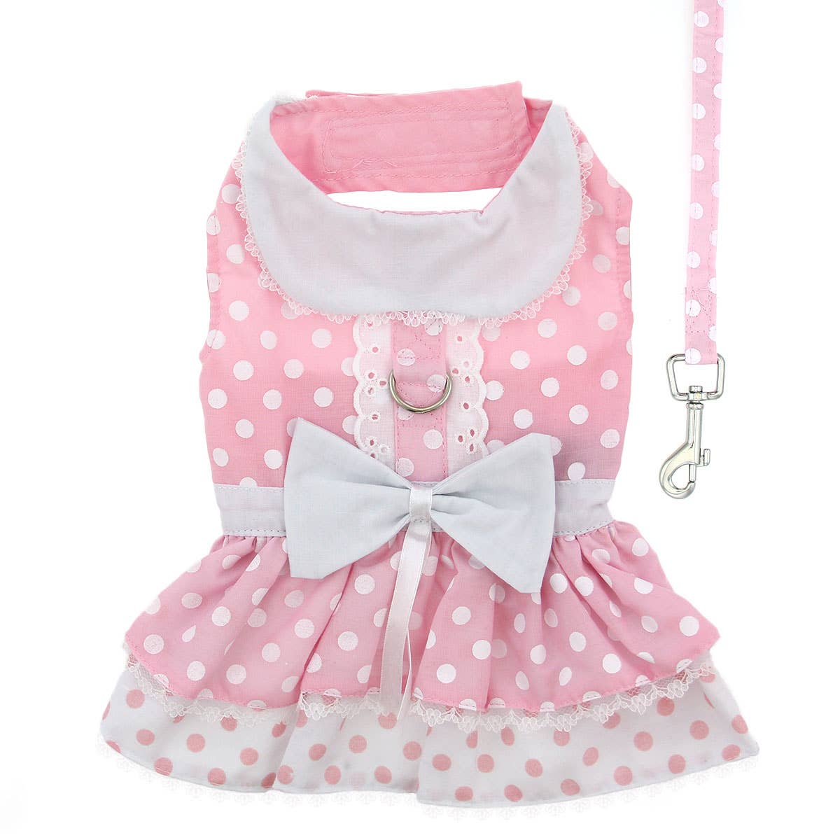 Polka Dot and Lace Dog Dress Set w/ Matching Leash - Pink