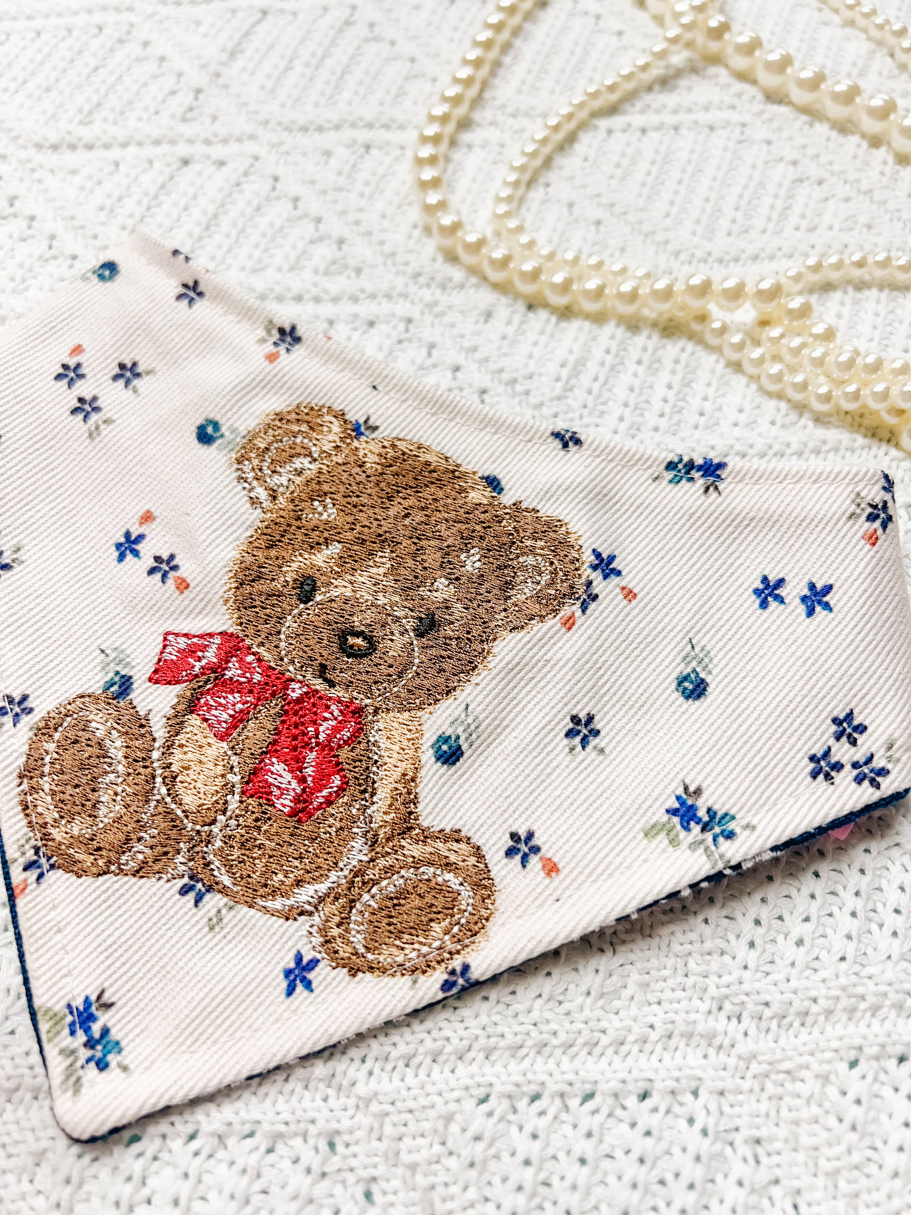 Embroidered Bear Denim Snap-On Reversible Dog Bandana