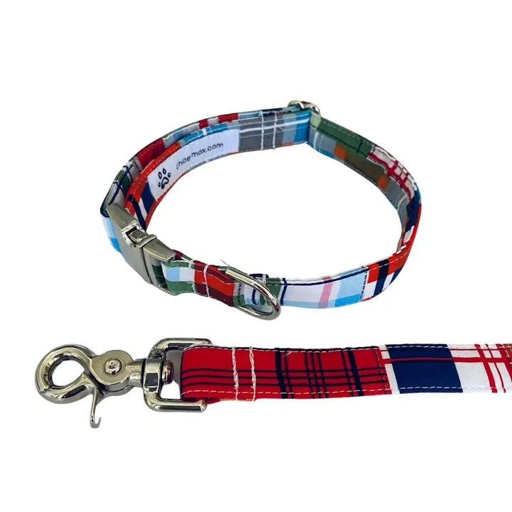 Blue Madras Collar and Leash Set