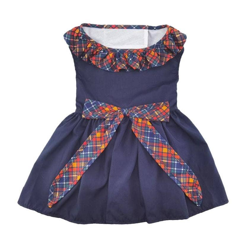 Navy Dog Dress with Plaid Ruffles