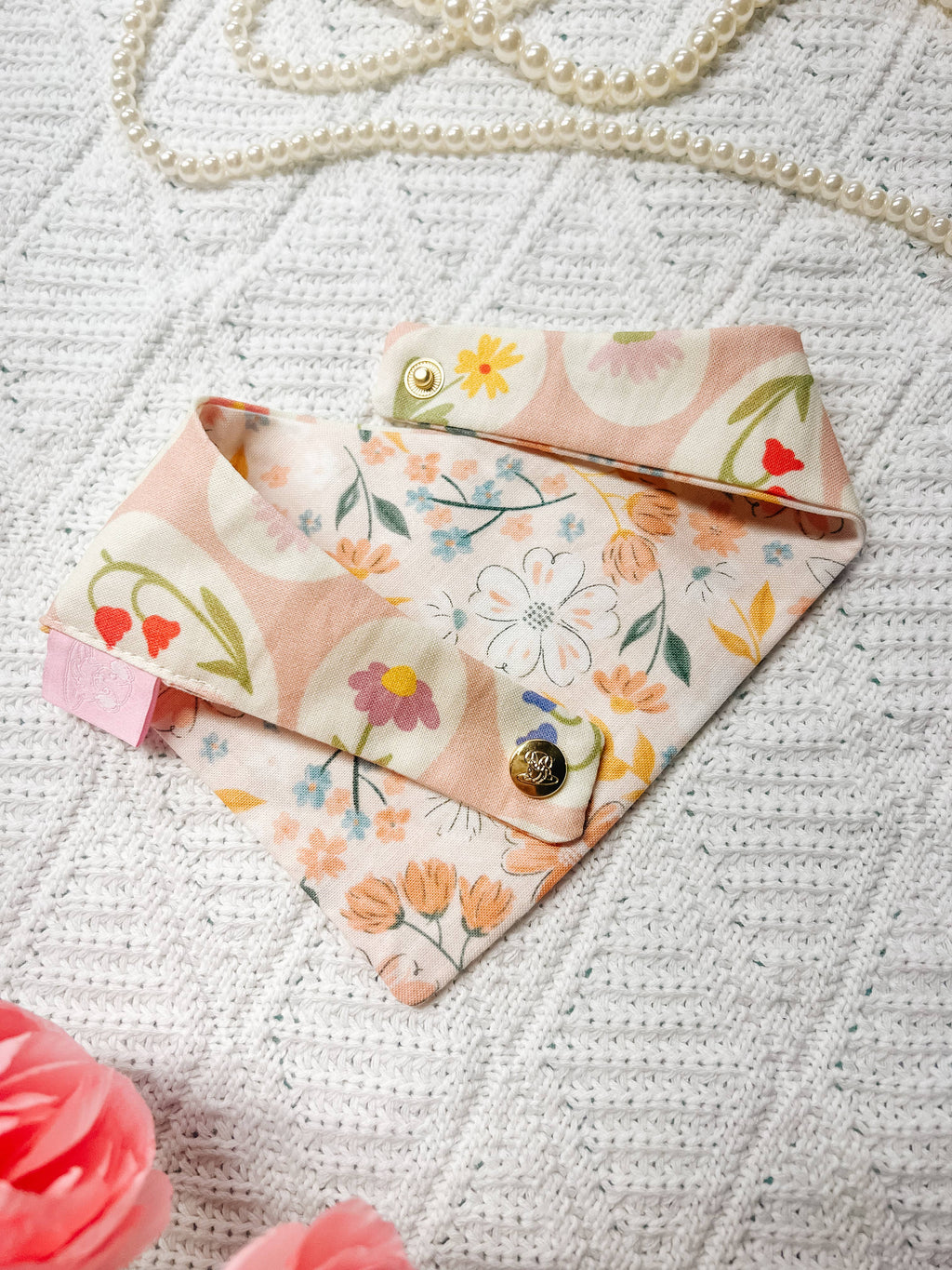 Spring Floral Snap-On Reversible Dog Bandana, Curved Neck