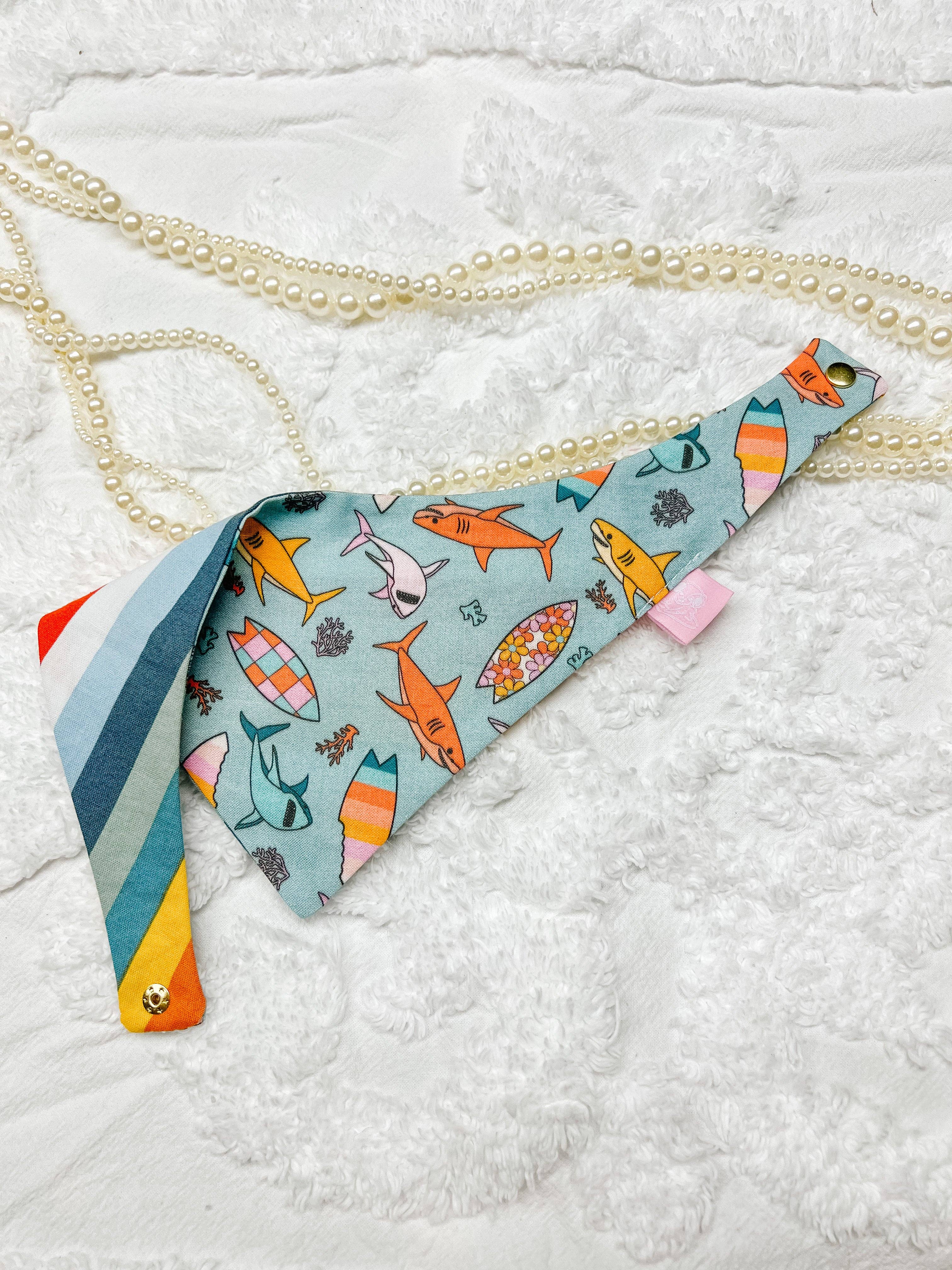 Shark Summer Snap-On Reversible Dog Bandana, Curved Neck
