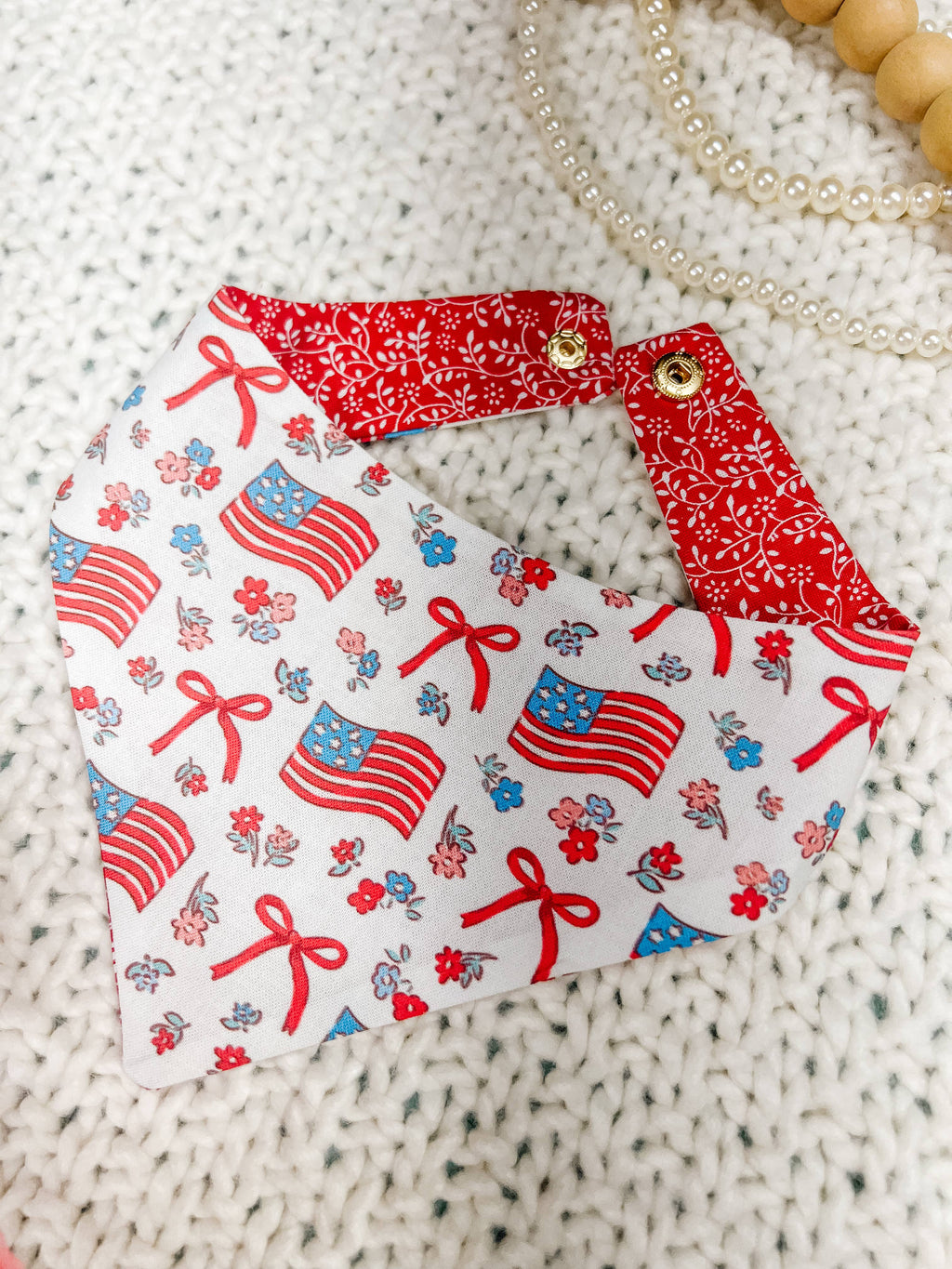 American Flag Snap-On Dog Bandana, Curved Neck Reversible