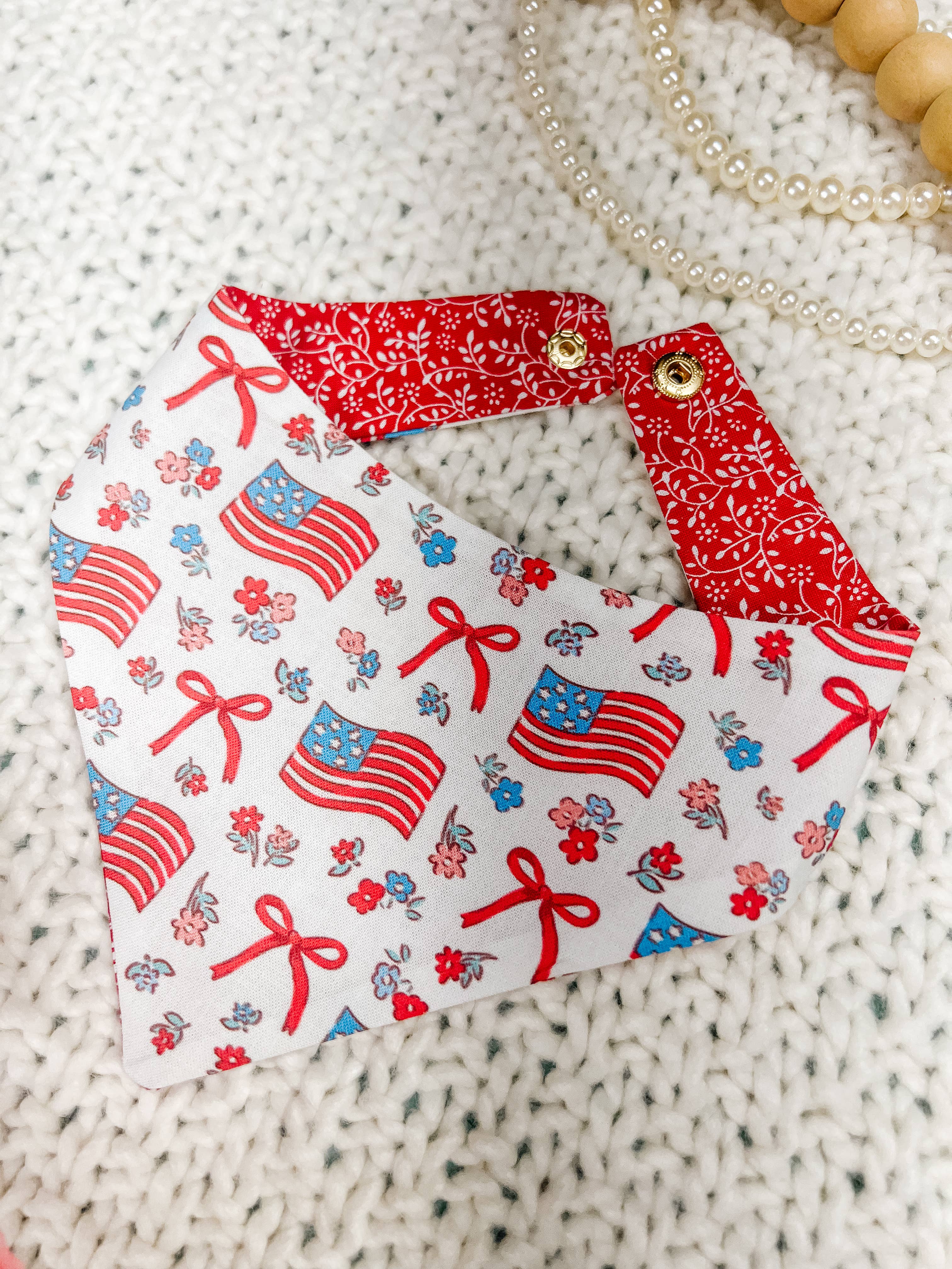 American Flag Snap-On Dog Bandana, Curved Neck Reversible