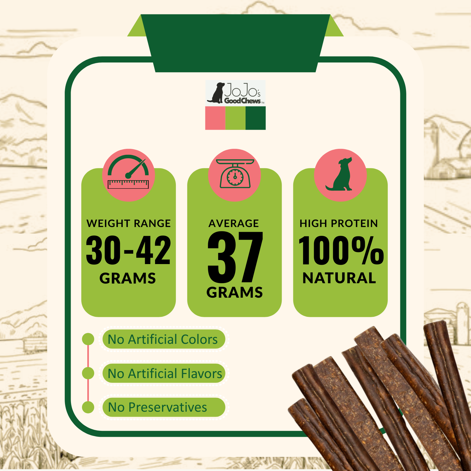 All-Natural Beef Sausage Dog Treats - 6" Chews (25/Bag)