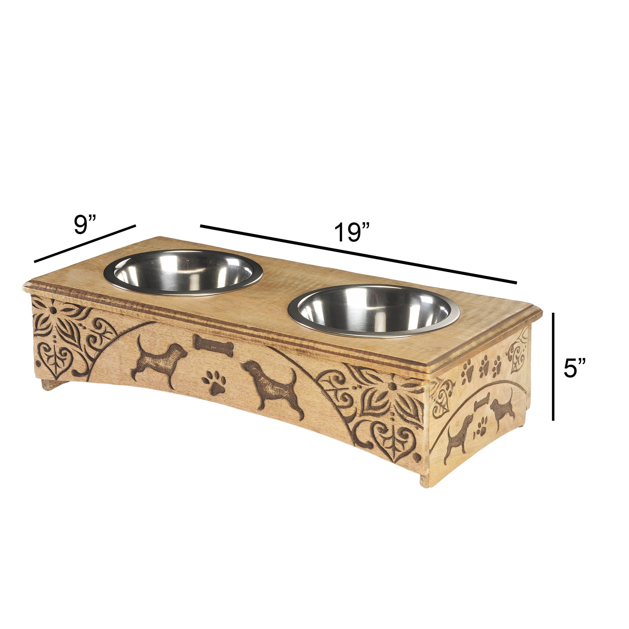 Handmade Mango Wood Elevated Double Pet Feeder - Florals