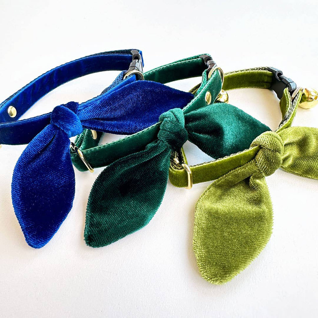 "Velvet - Sapphire Blue" -  Cat Collar & Bunny Ear Bow Set