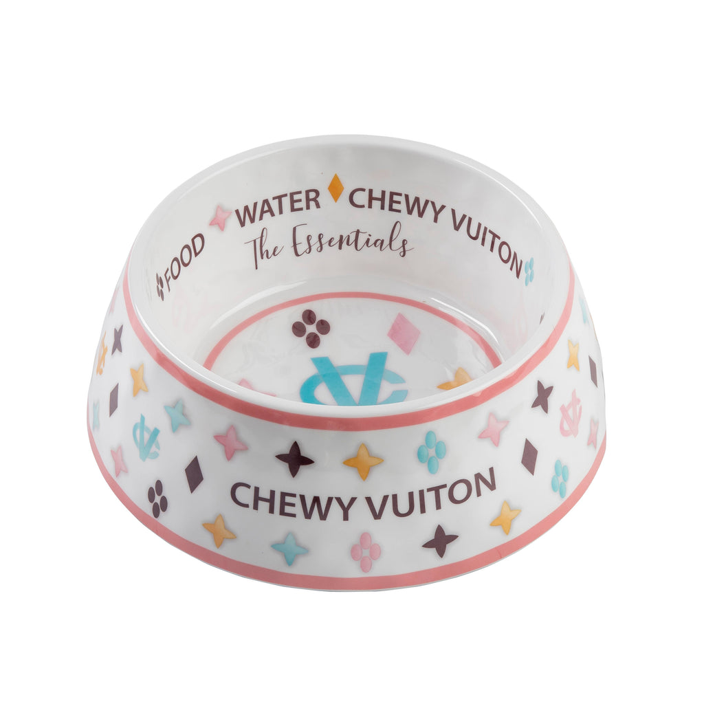 White Chewy Vuiton Dog Bowl