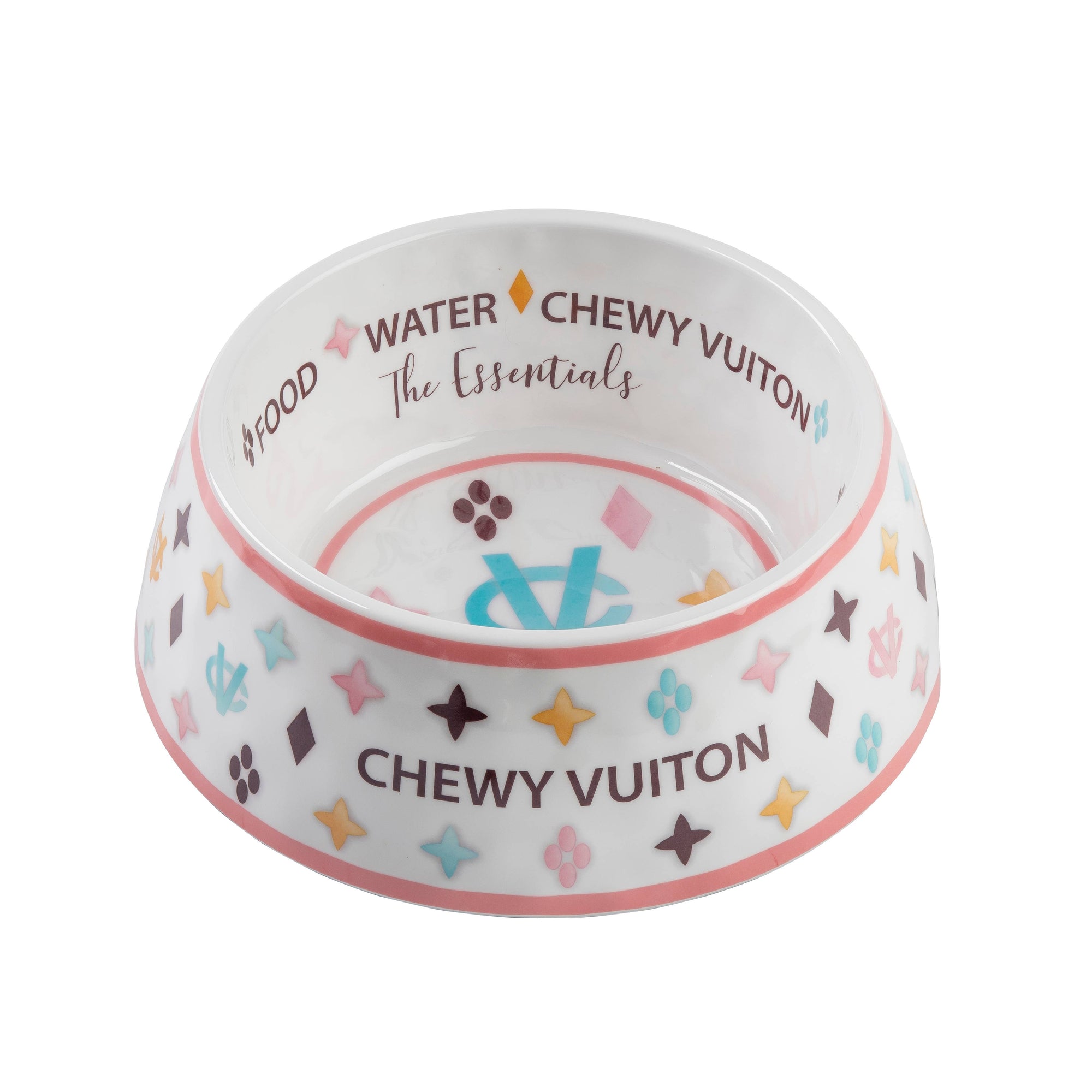White Chewy Vuiton Dog Bowl