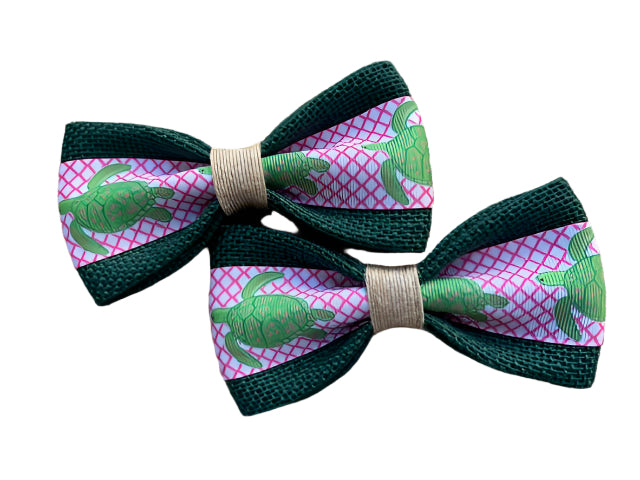 Green Turtles Pink Background on Green Burlap