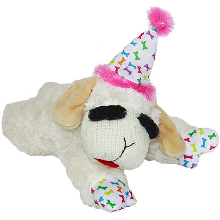 MULTIPET Lamb Chop w/Birthday Hat Dog Toy 10.5in Pink