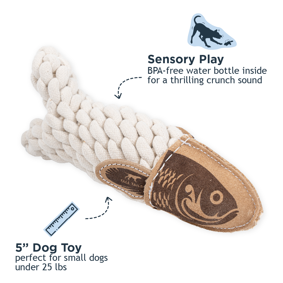 Natural Leather Crunch Fish Rope Dog Toy